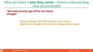 @a_bangser@CraftConf / #CraftConf 41
“We need security sign off for all critical
changes”
“Some changes like IAM policies can create a
significant enough risk we need safeguards in place”
What we heard > why they cared > shared understanding
How we proceeded
 