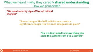 @a_bangser@CraftConf / #CraftConf 42
“We need security sign off for all critical
changes”
“Some changes like IAM policies can create a
significant enough risk we need safeguards in place”
“No we don’t need to know when you
scale the system from 3 to 5 servers”
What we heard > why they cared > shared understanding
How we proceeded
 