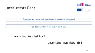 probleemstelling
14
Overgang van secundair naar hoger onderwijs is uitdagend.
Studenten willen “actionable” feedback.
Learning Analytics?
Learning Dashboards?
 