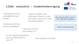 LISSA: evaluatie - studentenbevraging
26
26 programs @KU Leuven
291 ingevulde enquêtes
eerste examenperiode
“Confronterend maar
uiteindelijk ook wel
handig”
“Dashboard zelf thuis
kunnen raadplegen.”
“Aparte resultaten voor
oefeningen, theorie en labo
ook tonen in plaats van enkel
het totaalresultaat”
“Hoe weet ik of het
betrouwbaar is?”
“Is het mogelijk de grafieken
naar de student door te
sturen?”
“Zeer bondig en duidelijk.”
 