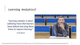 “Learning analytics is about
collecting traces that learners
leave behind and using those
traces to improve learning.”
- Erik Duval
Learning Analytics and Educational Data Mining, Erik Duval’s Weblog, 30 January 2012, https://erikduval.wordpress.com/2012/01/30/learning-analytics-and-educational-data-mining/ 3
Learning Analytics?
 