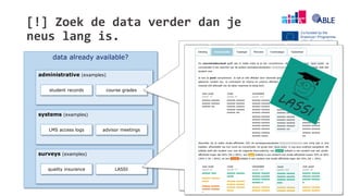 data already available?
administrative (examples)
student records course grades
[!] Zoek de data verder dan je
neus lang is.
37
systems (examples)
LMS access logs advisor meetings
surveys (examples)
quality insurance LASSI
 