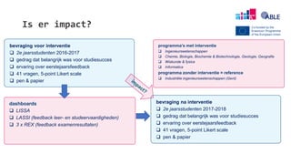 Is er impact?
bevraging voor interventie
 2e jaarsstudenten 2016-2017
 gedrag dat belangrijk was voor studiesucces
 ervaring over eerstejaarsfeedback
 41 vragen, 5-point Likert scale
 pen & papier
programma’s met interventie
 Ingenieurswetenschappen
 Chemie, Biologie, Biochemie & Biotechnologie, Geologie, Geografie
 Wiskunde & fysica
 Informatica
programma zonder interventie = reference
 Industriële ingenieurswetenschappen (Gent)
dashboards
 LISSA
 LASSI (feedback leer- en studeervaardigheden)
 3 x REX (feedback examenresultaten)
bevraging na interventie
 2e jaarsstudenten 2017-2018
 gedrag dat belangrijk was voor studiesucces
 ervaring over eerstejaarsfeedback
 41 vragen, 5-point Likert scale
 pen & papier
 