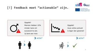 [!] Feedback moet “actionable” zijn.
9
Opgelet!
Mannen hebben 10%
minder kans om
succesvol te zijn.
Jij bent een man.
Opgelet!
Jouw online activeit
is lager dan gewenst!
actie?
?
actie?
?

 