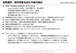 仮想通貨・暗号資産を巡る今後の論点
⚫ 金融庁 仮想通貨交換業者等に関する研究会
‒ Initial Coin Offerへの対応（法的位置づけ、会計基準）
‒ 仮想通貨交換業者の情報セキュリティー基準
‒ 証拠金取引やICOに対する法律上の取り扱い
‒ 匿名通貨の取り扱いについて
⚫ 仮想通貨は支払い手段として社会から受け入れられるのか、投機対象と捉えるべきか
⚫ Bitcoinの価値の源泉とは何か（発行残高の安定性、送金の利便性、分裂のリスク等）
⚫ 税制上の取り扱い（現在は総合課税の雑所得、源泉分離課税を望む者も）
⚫ 海外の仮想通貨取引所・DEX等の取り扱い
⚫ 中央銀行デジタルマネーが広く使われる可能性はあるのか
⚫ 仮想通貨に運営者がいないというフィクションを、いつまで当局は認めるのか
⚫ ブロックチェーンの価値がどこにあると考えるべきか
‒ 必ずしも低コスト・高性能という訳ではない、仮想通貨は採掘報酬を山分けしてるだけ
‒ Public Chainでは採掘者の集中が起こっているし、Private Chainはトラストレスではない
‒ 組織をまたいだ分散システムで、共通のデータ上で共通のコードを動かすことの価値
‒ 改竄不能な台帳上で人手を介さずに自動処理を実行できることのメリット・デメリット
Copyright (c) 2018, Japan Digital Design, Inc., All rights reserved. 35
 