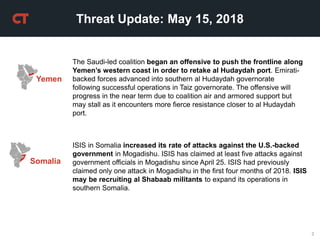 2
Threat Update: May 15, 2018
ISIS in Somalia increased its rate of attacks against the U.S.-backed
government in Mogadish...