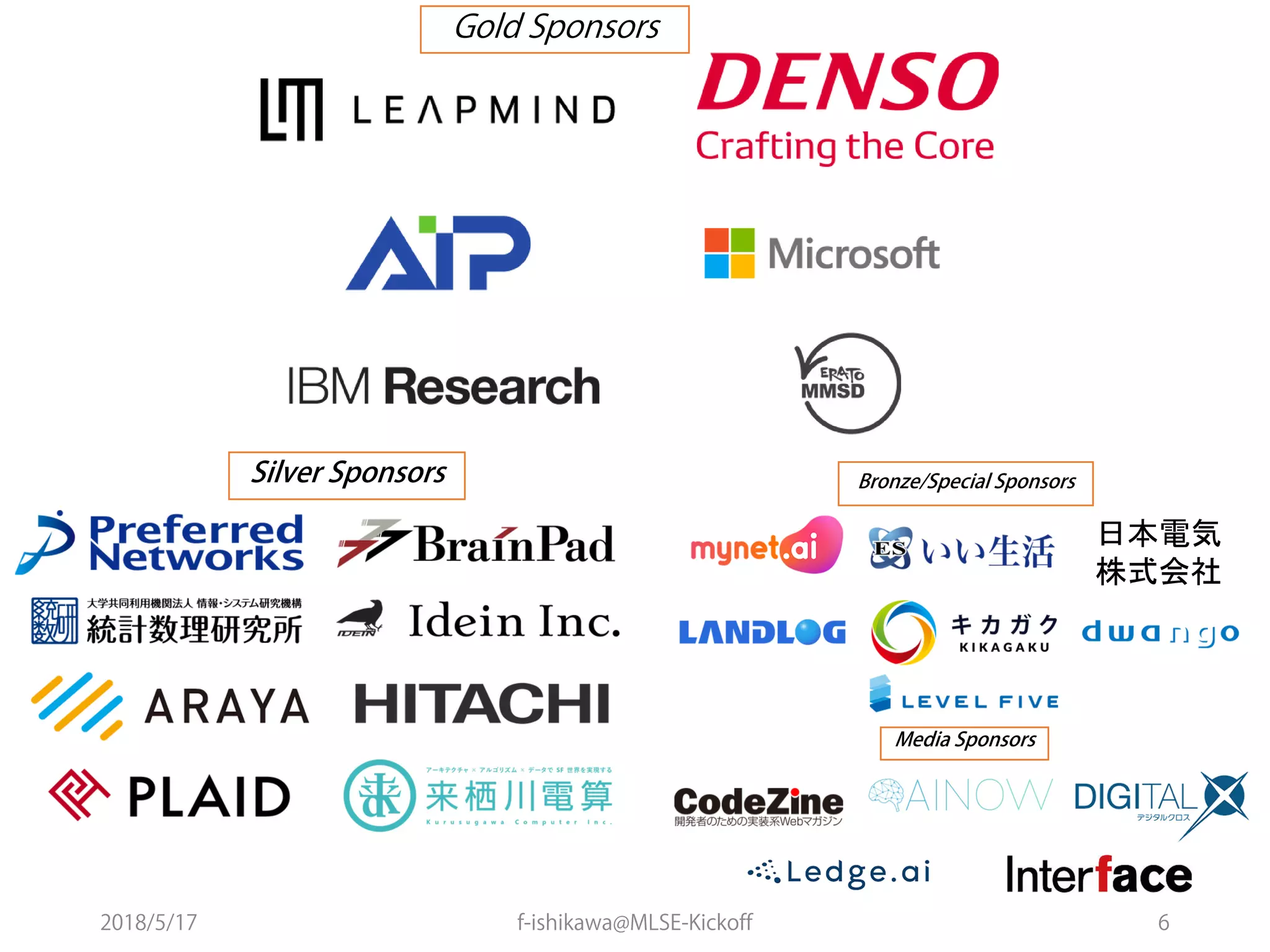 2018/5/17 f-ishikawa@MLSE-Kickoff 6
日本電気
株式会社
Gold Sponsors
Silver Sponsors Bronze/Special Sponsors
Media Sponsors
 