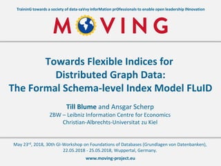 www.moving-project.eu
TraininG towards a society of data-saVvy inforMation prOfessionals to enable open leadership INnovation
Till Blume and Ansgar Scherp
ZBW – Leibniz Information Centre for Economics
Christian-Albrechts-Universitat zu Kiel
Towards Flexible Indices for
Distributed Graph Data:
The Formal Schema-level Index Model FLuID
May 23rd, 2018, 30th GI-Workshop on Foundations of Databases (Grundlagen von Datenbanken),
22.05.2018 - 25.05.2018, Wuppertal, Germany.
 