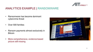 • Ransomware has become dominant
cybercrime threat
• Over 500 families
• Ransom payments almost exclusively in
Bitcoin
• M...