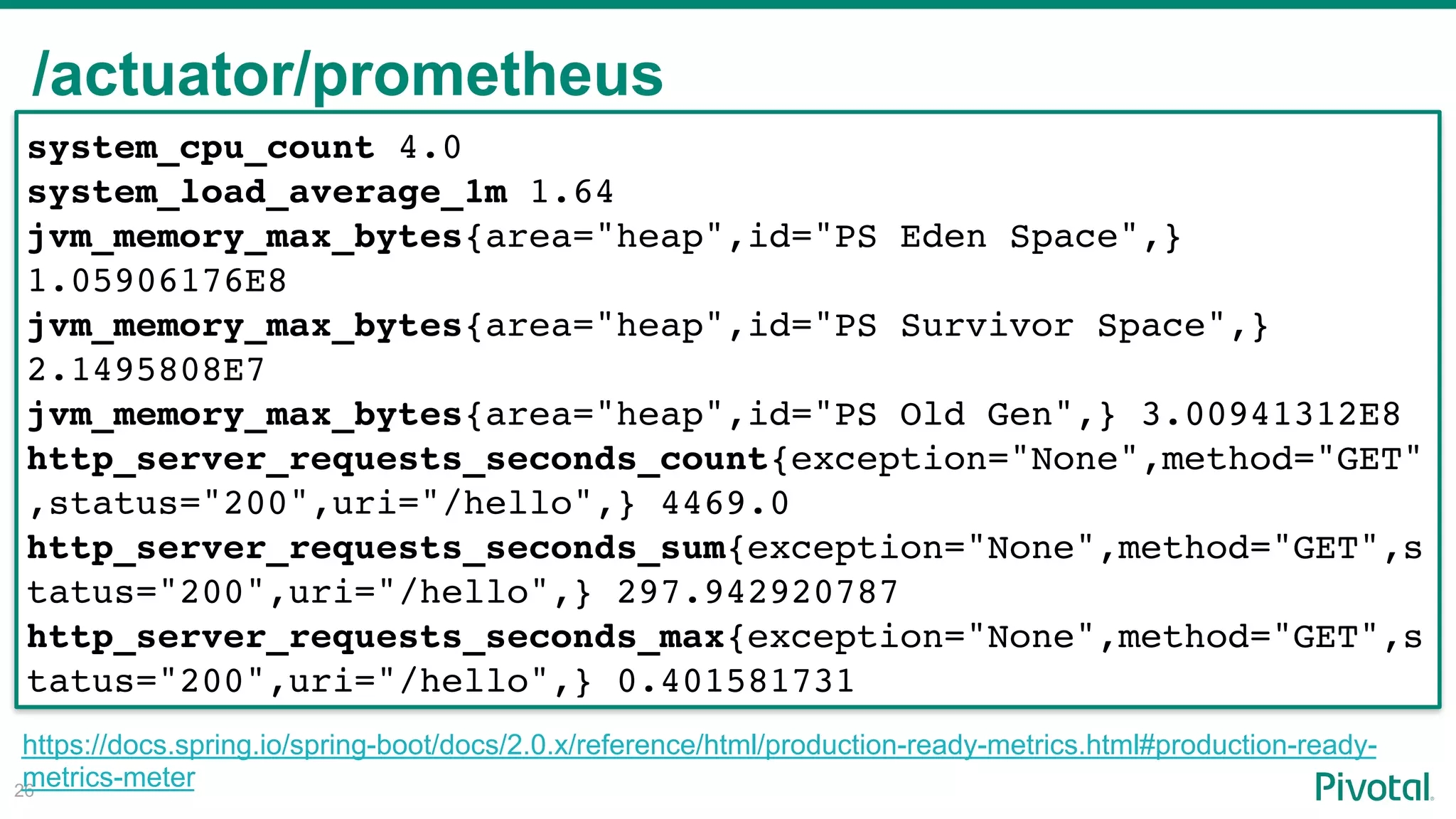 /actuator/prometheus
!26
system_cpu_count 4.0
system_load_average_1m 1.64
jvm_memory_max_bytes{area="heap",id="PS Eden Space",}
1.05906176E8
jvm_memory_max_bytes{area="heap",id="PS Survivor Space",}
2.1495808E7
jvm_memory_max_bytes{area="heap",id="PS Old Gen",} 3.00941312E8
http_server_requests_seconds_count{exception="None",method="GET"
,status="200",uri="/hello",} 4469.0
http_server_requests_seconds_sum{exception="None",method="GET",s
tatus="200",uri="/hello",} 297.942920787
http_server_requests_seconds_max{exception="None",method="GET",s
tatus="200",uri="/hello",} 0.401581731
https://docs.spring.io/spring-boot/docs/2.0.x/reference/html/production-ready-metrics.html#production-ready-
metrics-meter
 