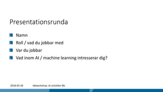 Presentationsrunda
Namn
Roll / vad du jobbar med
Var du jobbar
Vad inom AI / machine learning intresserar dig?
2018-05-28 Idéworkshop: AI och/eller ML
 