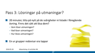 Pass 3: Lösningar på utmaningar?
20 minuter, titta på nytt på de svårigheter ni listade i föregående
övning. Finns det sätt att lösa dem?
‒ Vem löser utmaningen?
‒ Vad löser utmaningen?
‒ Hur löses utmaningen?
En ur grupper redovisar era lappar
2018-05-28 Idéworkshop: AI och/eller ML
 