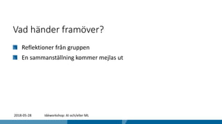 Vad händer framöver?
Reflektioner från gruppen
En sammanställning kommer mejlas ut
2018-05-28 Idéworkshop: AI och/eller ML
 