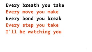 Every breath you take
Every move you make
Every bond you break
Every step you take
I'll be watching you
3
 