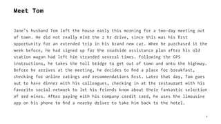 Meet Tom
Jane’s husband Tom left the house early this morning for a two-day meeting out
of town. He did not really mind the 2 hr drive, since this was his ﬁrst
opportunity for an extended trip in his brand new car. When he purchased it the
week before, he had signed up for the roadside assistance plan after his old
station wagon had left him stranded several times. Following the GPS
instructions, he takes the toll bridge to get out of town and onto the highway.
Before he arrives at the meeting, he decides to ﬁnd a place for breakfast,
checking for online ratings and recommendations ﬁrst. Later that day, Tom goes
out to have dinner with his colleagues, checking in at the restaurant with his
favorite social network to let his friends know about their fantastic selection
of red wines. After paying with his company credit card, he uses the limousine
app on his phone to ﬁnd a nearby driver to take him back to the hotel.
9
 
