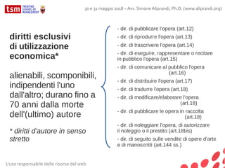 diritti esclusivi
di utilizzazione
economica*
alienabili, scomponibili,
indipendenti l'uno
dall'altro; durano fino a
70 anni dalla morte
dell'(ultimo) autore
* diritti d'autore in senso
stretto
L'uso responsabile delle risorse del web
30 e 31 maggio 2018 – Avv. Simone Aliprandi, Ph.D. (www.aliprandi.org)
 