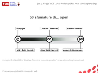 50 sfumature di... open
immagine tratta dal libro “Creative Commons: manuale operativo” (www.aliprandi.org/manuale-cc)
L'uso responsabile delle risorse del web
30 e 31 maggio 2018 – Avv. Simone Aliprandi, Ph.D. (www.aliprandi.org)
 