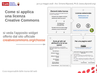 Come si applica
una licenza
Creative Commons
si veda l'apposito widget
offerto dal sito ufficiale
creativecommons.org/choose
L'uso responsabile delle risorse del web
30 e 31 maggio 2018 – Avv. Simone Aliprandi, Ph.D. (www.aliprandi.org)
 