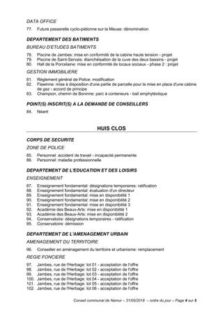 Conseil communal de Namur – 31/05/2018 – ordre du jour – Page 4 sur 5
DATA OFFICE
77. Future passerelle cyclo-piétonne sur la Meuse: dénomination
DEPARTEMENT DES BATIMENTS
BUREAU D’ETUDES BATIMENTS
78. Piscine de Jambes: mise en conformité de la cabine haute tension - projet
79. Piscine de Saint-Servais: étanchéisation de la cuve des deux bassins - projet
80. Hall de la Porcelaine: mise en conformité de locaux sociaux - phase 2 : projet
GESTION IMMOBILIERE
81. Règlement général de Police: modification
82. Flawinne: mise à disposition d'une partie de parcelle pour la mise en place d'une cabine
de gaz - accord de principe
83. Champion, chemin de Boninne: parc à conteneurs - bail emphytéotique
POINT(S) INSCRIT(S) A LA DEMANDE DE CONSEILLERS
84. Néant
HUIS CLOS
CORPS DE SECURITE
ZONE DE POLICE
85. Personnel: accident de travail - incapacité permanente
86. Personnel: maladie professionnelle
DEPARTEMENT DE L'EDUCATION ET DES LOISIRS
ENSEIGNEMENT
87. Enseignement fondamental: désignations temporaires: ratification
88. Enseignement fondamental: évaluation d'un directeur
89. Enseignement fondamental: mise en disponibilité 1
90. Enseignement fondamental: mise en disponibilité 2
91. Enseignement fondamental: mise en disponibilité 3
92. Académie des Beaux-Arts: mise en disponibilité 1
93. Académie des Beaux-Arts: mise en disponibilité 2
94. Conservatoire: désignations temporaires - ratification
95. Conservatoire: démission
DEPARTEMENT DE L'AMENAGEMENT URBAIN
AMENAGEMENT DU TERRITOIRE
96. Conseiller en aménagement du territoire et urbanisme: remplacement
REGIE FONCIERE
97. Jambes, rue de l'Herbage: lot 01 - acceptation de l'offre
98. Jambes, rue de l'Herbage: lot 02 - acceptation de l'offre
99. Jambes, rue de l'Herbage: lot 03 - acceptation de l'offre
100. Jambes, rue de l'Herbage: lot 04 - acceptation de l'offre
101. Jambes, rue de l'Herbage: lot 05 - acceptation de l'offre
102. Jambes, rue de l'Herbage: lot 06 - acceptation de l'offre
 