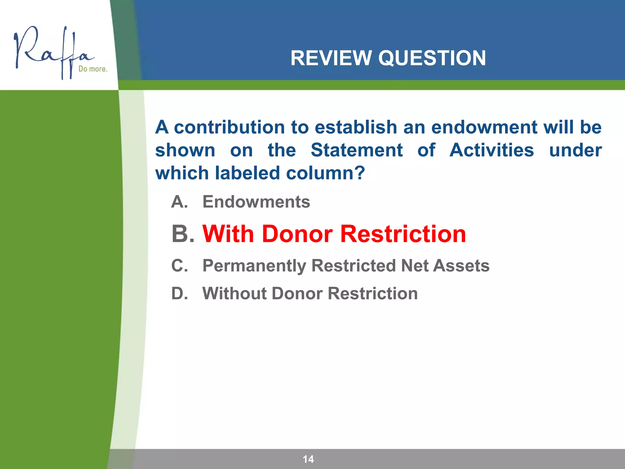 REVIEW QUESTION
A contribution to establish an endowment will be
shown on the Statement of Activities under
which labeled column?
A. Endowments
B. With Donor Restriction
C. Permanently Restricted Net Assets
D. Without Donor Restriction
14
 