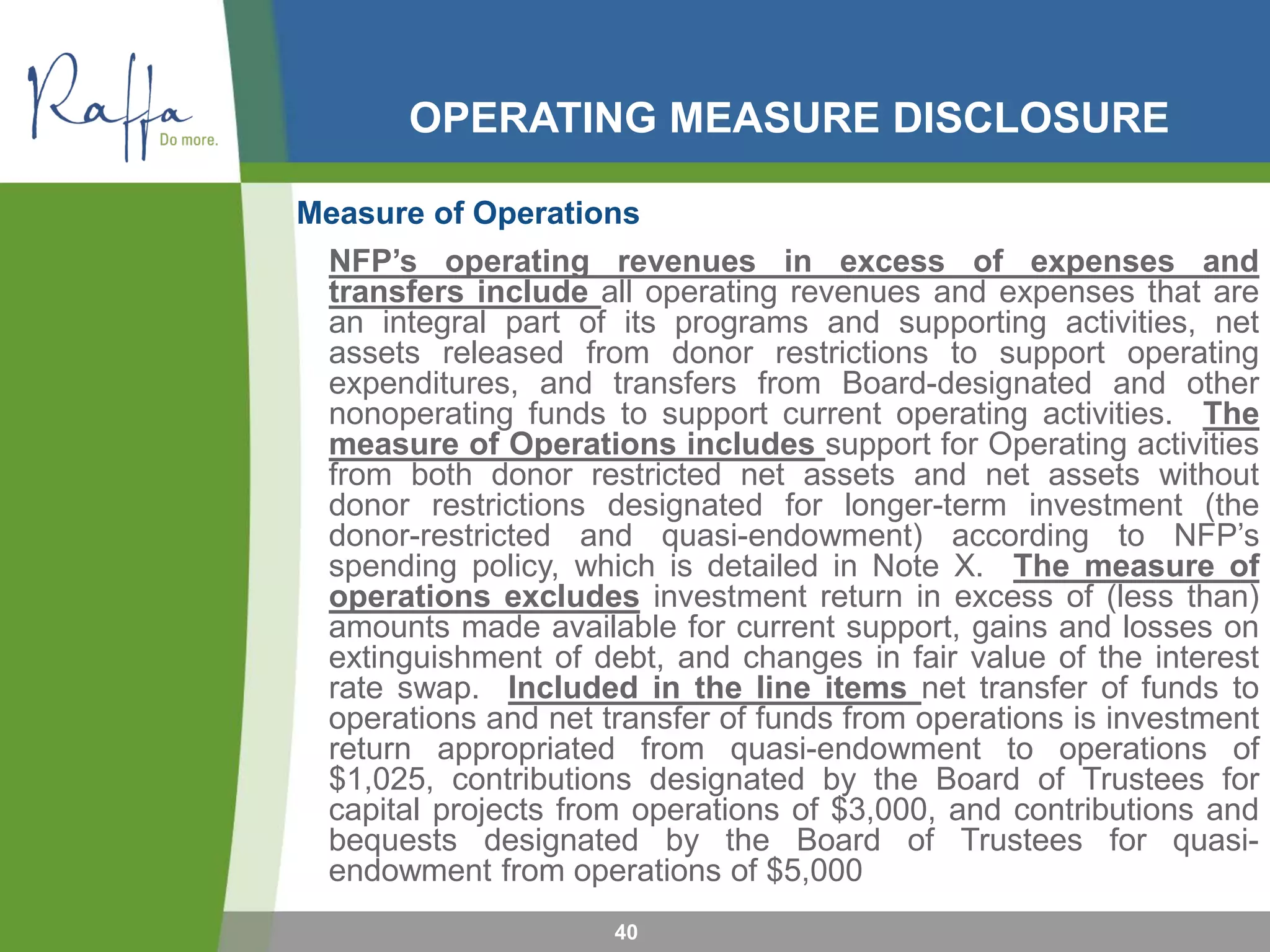 OPERATING MEASURE DISCLOSURE
40
Measure of Operations
NFP’s operating revenues in excess of expenses and
transfers include all operating revenues and expenses that are
an integral part of its programs and supporting activities, net
assets released from donor restrictions to support operating
expenditures, and transfers from Board-designated and other
nonoperating funds to support current operating activities. The
measure of Operations includes support for Operating activities
from both donor restricted net assets and net assets without
donor restrictions designated for longer-term investment (the
donor-restricted and quasi-endowment) according to NFP’s
spending policy, which is detailed in Note X. The measure of
operations excludes investment return in excess of (less than)
amounts made available for current support, gains and losses on
extinguishment of debt, and changes in fair value of the interest
rate swap. Included in the line items net transfer of funds to
operations and net transfer of funds from operations is investment
return appropriated from quasi-endowment to operations of
$1,025, contributions designated by the Board of Trustees for
capital projects from operations of $3,000, and contributions and
bequests designated by the Board of Trustees for quasi-
endowment from operations of $5,000
 