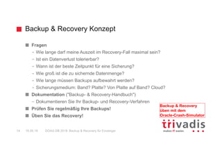 Backup & Recovery Konzept
DOAG DB 2018: Backup & Recovery für Einsteiger14 16.05.18
Fragen
– Wie lange darf meine Auszeit im Recovery-Fall maximal sein?
– Ist ein Datenverlust tolerierbar?
– Wann ist der beste Zeitpunkt für eine Sicherung?
– Wie groß ist die zu sichernde Datenmenge?
– Wie lange müssen Backups aufbewahrt werden?
– Sicherungsmedium: Band? Platte? Von Platte auf Band? Cloud?
Dokumentation ("Backup- & Recovery-Handbuch")
– Dokumentieren Sie Ihr Backup- und Recovery-Verfahren
Prüfen Sie regelmäßig Ihre Backups!
Üben Sie das Recovery!
Backup & Recovery
üben mit dem
Oracle-Crash-Simulator
 