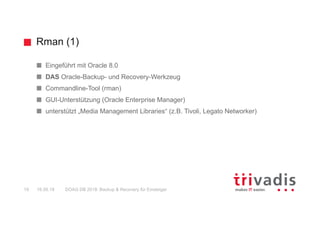 Rman (1)
DOAG DB 2018: Backup & Recovery für Einsteiger19 16.05.18
Eingeführt mit Oracle 8.0
DAS Oracle-Backup- und Recovery-Werkzeug
Commandline-Tool (rman)
GUI-Unterstützung (Oracle Enterprise Manager)
unterstützt „Media Management Libraries“ (z.B. Tivoli, Legato Networker)
 