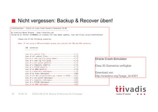 Nicht vergessen: Backup & Recover üben!
DOAG DB 2018: Backup & Recovery für Einsteiger55 16.05.18
Oracle Crash-Simulator
Etwa 30 Szenarios verfügbar
Download von
http://oraclenz.org/?page_id=4301
 