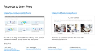 Resources to Learn More
Your hub for all things Microsoft Teams including vision, practical
onboarding guidance, success stories, help and support.
Assistance for customers to realize their vision with
Microsoft cloud services
Resources
Product Help
https://aka.ms/TeamsSupport
Office Roadmap
https://aka.ms/OfficeRoadmap
Office Blog
https://aka.ms/OfficeBlog
https://aka.ms/TeamsOfficeBlog
Known Issues List
https://aka.ms/TeamsKnownIssues
https://aka.ms/SuccessWithTeams https://FastTrack.microsoft.com
 