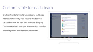 Customizable for each team
Create different channels for work streams and topics
Add tabs to frequently used files and cloud services
Get updates from the apps your team uses every day
Customize notifications so you don’t miss important info
Build integrations with developer preview APIs
 