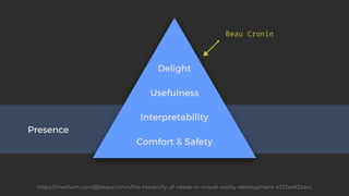Presence
Interpretability
Usefulness
Delight
Beau Cronin
https://medium.com/@beaucronin/the-hierarchy-of-needs-in-virtual-reality-development-4333a4833acc
Comfort & Safety
 