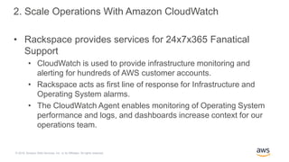 © 2018, Amazon Web Services, Inc. or its Affiliates. All rights reserved.
2. Scale Operations With Amazon CloudWatch
• Rac...