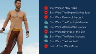 Star Wars: A New Hope
Star Wars: The Empire Strikes Back
Star Wars: Return of the Jedi
Star Wars: The Phantom Menace
Star Wars: Attack of the Clones
Star Wars: Revenge of the Sith
Star Wars: The Force Awakens
Star Wars: The Last Jedi
Solo: A Star Wars Movie
 