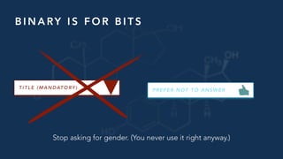 B I N A RY I S F O R B I T S
Stop asking for gender. (You never use it right anyway.)
T I T L E ( M A N D AT O RY )
P R E F E R N O T T O A N S W E R
 