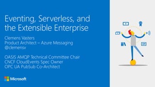 Clemens Vasters
Product Architect – Azure Messaging
@clemensv
OASIS AMQP Technical Committee Chair
CNCF CloudEvents Spec Owner
OPC UA PubSub Co-Architect
Eventing, Serverless, and
the Extensible Enterprise
 