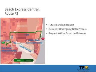 Beach Express Central:
Route F2
• Future Funding Request
• Currently Undergoing NEPA Process
• Request Will be Based on Outcome
 