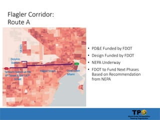 Downtown
Miami
Flagler StreetTamiami Station at SW
8th Street & SW 147th
Street
Dolphin
Station
SR821
Flagler Corridor:
Route A
• PD&E Funded by FDOT
• Design Funded by FDOT
• NEPA Underway
• FDOT to Fund Next Phases
Based on Recommendation
from NEPA
 