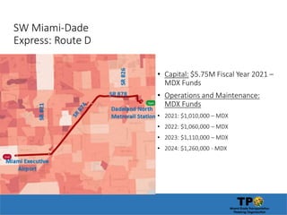 SW Miami-Dade
Express: Route D
• Capital: $5.75M Fiscal Year 2021 –
MDX Funds
• Operations and Maintenance:
MDX Funds
• 2021: $1,010,000 – MDX
• 2022: $1,060,000 – MDX
• 2023: $1,110,000 – MDX
• 2024: $1,260,000 - MDX
 
