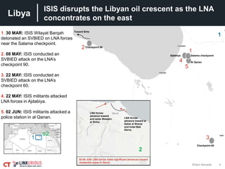 Libya
4
ISIS disrupts the Libyan oil crescent as the LNA
concentrates on the east
Wiam Aimade
1. 30 MAR: ISIS Wilayat Barqah
detonated an SVBIED on LNA forces
near the Salama checkpoint.
2. 08 MAY: ISIS conducted an
SVBIED attack on the LNA’s
checkpoint 90.
3. 22 MAY: ISIS conducted an
SVBIED attack on the LNA’s
checkpoint 60.
4. 22 MAY: ISIS militants attacked
LNA forces in Ajdabiya.
5. 02 JUN: ISIS militants attacked a
police station in al Qanan.
Salama checkpoint
Al Qanan
Checkpoint 60
Ajdabiya
Checkpoint 90
Toward Sirte
LNA forces
advance toward al
Sahel al Sharqi
and hotel Bab
Derna
LNA forces
advance toward
and seize Western
al Shiha
02-04 JUN: LNA forces make significant advances toward
residential areas in Derna
1
1
2
2
1
2
3
4
5
 