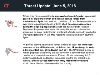 1
Threat Update: June 5, 2018
Tehran may have surreptitiously approved an Israeli-Russian agreement
geared at expelling Iranian and Iranian-backed forces from
southwestern Syria. Iran seeks to conciliate U.S. and European concerns
over Iran’s regional activities in order to elicit European assurances
during the ongoing negotiations over the nuclear deal. Russian
Permanent Representative to the UN Vasily Nebenzya confirmed the
agreement on June 1 after Iranian and Israeli officials reportedly conducted
“indirect negotiations” in late May regarding Iranian activities in southern
Syria.
Iran
Yemen
An Emirati-backed advance up Yemen's Red Sea coast has increased
pressure on the al Houthis and mobilized the UN to attempt to avoid
a direct contest over al Hudaydah port city. The UN Special Envoy to
Yemen proposed transferring the port to the UN’s administration to the al
Houthis as a preventative measure. Emirati officials have sought U.S.
military support and pledged not to proceed into the city without U.S.
backing. Emirati-backed forces will likely resume the offensive
should the al Houthis retain control of the port city.
 