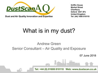 Griffin House
Market Street
Charlbury
Oxford OX7 3PJ
United Kingdom
Tel: (44) 1608 810110Dust and Air Quality Innovation and Expertise
Tel: +44 (0) 01608 810110 Web: www.dustscan.co.uk
What is in my dust?
Andrew Green
Senior Consultant – Air Quality and Exposure
07 June 2018
 