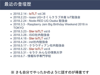 ✦ 2018.2.14 - IoTLT vol.36
✦ 2018.2.23 - isaax UG+さくらクラブ共催 IoT勉強会
✦ 2018.2.24 - Node-RED UG Osaka 勉強会
✦ 2018.3.3 - Raspberry Jam Big Birthday Weekend 2018 in
TOKYO
✦ 2018.3.23 - SIer IoTLT vol.6
✦ 2018.3.28 - ISID社内勉強会
✦ 2018.4.18 - SIer IoTLT vol.7
✦ 2018.4.24 - iret社内勉強会
✦ 2018.5.17 - クラウディアン社内勉強会
✦ 2018.5.22 - SIer IoTLT vol.8
✦ 2018.5.31 - セラク みんなの情熱大学
✦ 2018.6.7 - 情報科学専門学校
最近の登壇歴
※ さも自分でやったかのように話すのが得意です
 