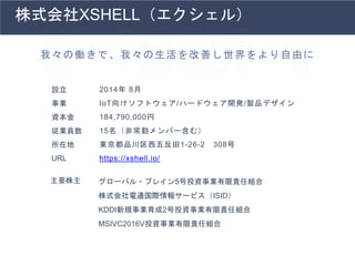 株式会社XSHELL（エクシェル）
設立 2014年 8月
事業 IoT向けソフトウェア/ハードウェア開発/製品デザイン
資本金 184,790,000円
従業員数 15名（非常勤メンバー含む）
所在地 東京都品川区西五反田1-26-2 308号
URL https://xshell.io/
主要株主 グローバル・ブレイン5号投資事業有限責任組合
株式会社電通国際情報サービス（ISID）
KDDI新規事業育成2号投資事業有限責任組合
MSIVC2016V投資事業有限責任組合
我々の働きで、我々の生活を改善し世界をより自由に
 