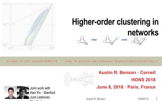 Higher-order clustering in
networks
Austin R. Benson · Cornell
HONS 2018
June 8, 2018 · Paris, France
HONS'18Austin R. Benson 1
Joint work with
Hao Yin · Stanford
Jure Leskovec ·
slides ⟶ bit.ly/arb-HONS-18 code ⟶ github.com/arbenson/HigherOrderClustering.jl
 