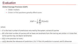 Global Average Precision (GAP)
– Order matters
– Errors in first positions greatly affect score
Evaluation
 