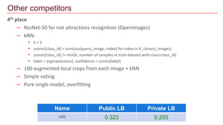 4th place
– ResNet-50 for not attractions recognition (OpenImages)
– kNN:
• k = 5
• scores[class_id] = sum(cos(query_image, index) for index in K_closest_images)
• scores[class_id] /= min(K, number of samples in train dataset with class=class_id)
• label = argmax(scores), confidence = scores[label]
– 100 augmented local crops from each image + kNN
– Simple voting
– Pure single model, overfitting
Other competitors
Name Public LB Private LB
ods 0.323 0.255
 