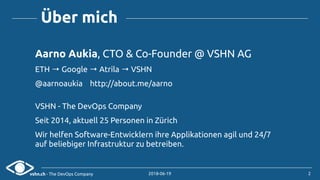 vshn.ch - The DevOps Company 2018-06-19
Über mich
Aarno Aukia, CTO & Co-Founder @ VSHN AG
ETH → Google → Atrila → VSHN
@aarnoaukia http://about.me/aarno
VSHN - The DevOps Company
Seit 2014, aktuell 25 Personen in Zürich
Wir helfen Software-Entwicklern ihre Applikationen agil und 24/7
auf beliebiger Infrastruktur zu betreiben.
2
 