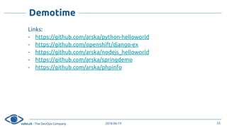 vshn.ch - The DevOps Company 2018-06-19
Demotime
Links:
- https://github.com/arska/python-helloworld
- https://github.com/openshift/django-ex
- https://github.com/arska/nodejs_helloworld
- https://github.com/arska/springdemo
- https://github.com/arska/phpinfo
33
 