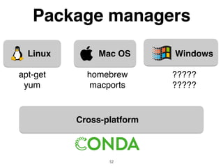 Package managers
12
Mac OS WindowsLinux
apt-get
yum
homebrew
macports
?????
?????
Cross-platform
 