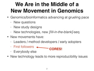 We Are in the Middle of a
New Movement in Genomics
• Genomics/bioinformatics advancing at grueling pace
- New questions
- New study designs
- New technologies, new [ﬁll-in-the-blank]-seq
• New movements have:
- Leaders / method developers / early adopters
- First followers
- Everybody else
• New technology leads to more reproducibility issues
2
CORES!
 